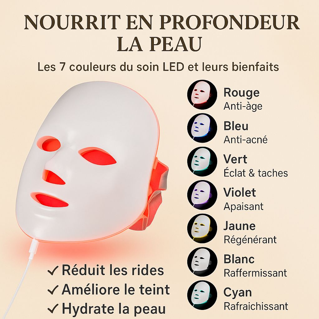Masque facial LED 7 couleurs – Soin anti-âge et éclat instantané